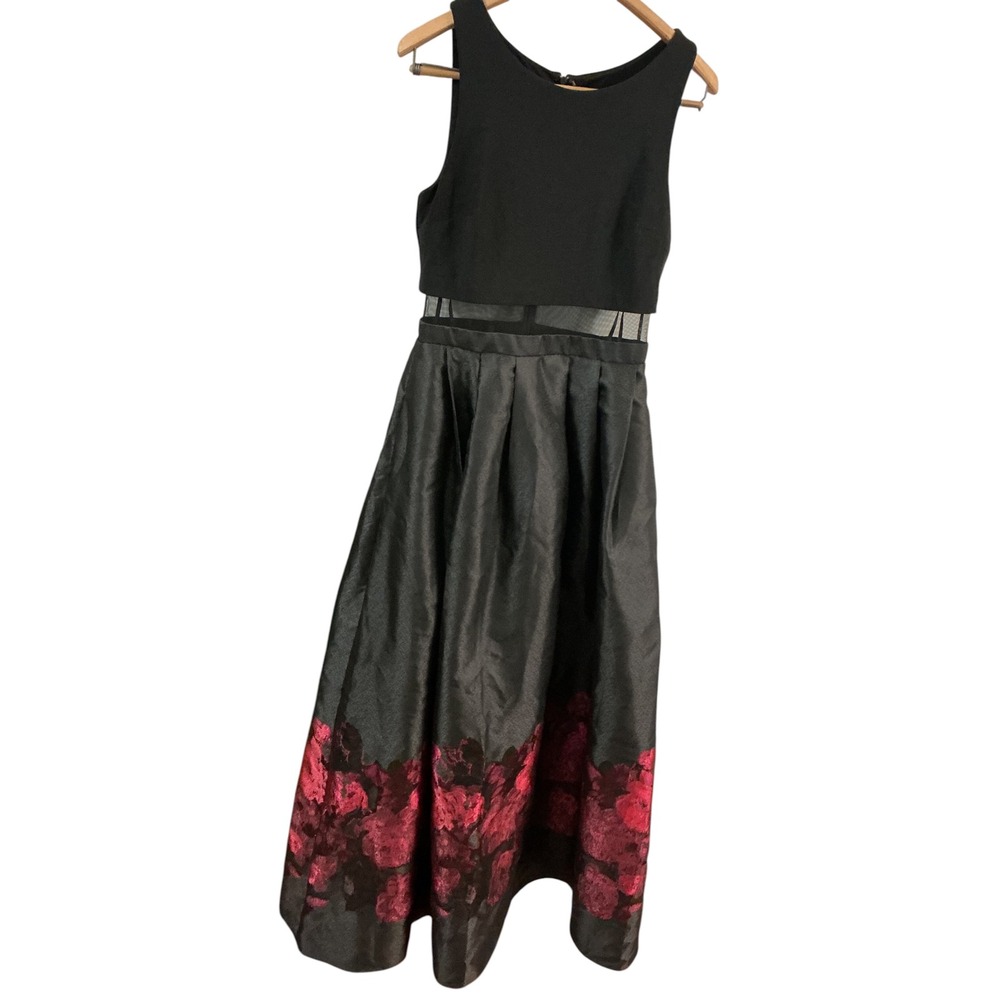 Betsy & Adam Womens Black Red Floral Mesh Waist Pleated Midi Formal Dress Size 8 - Picture 3 of 10